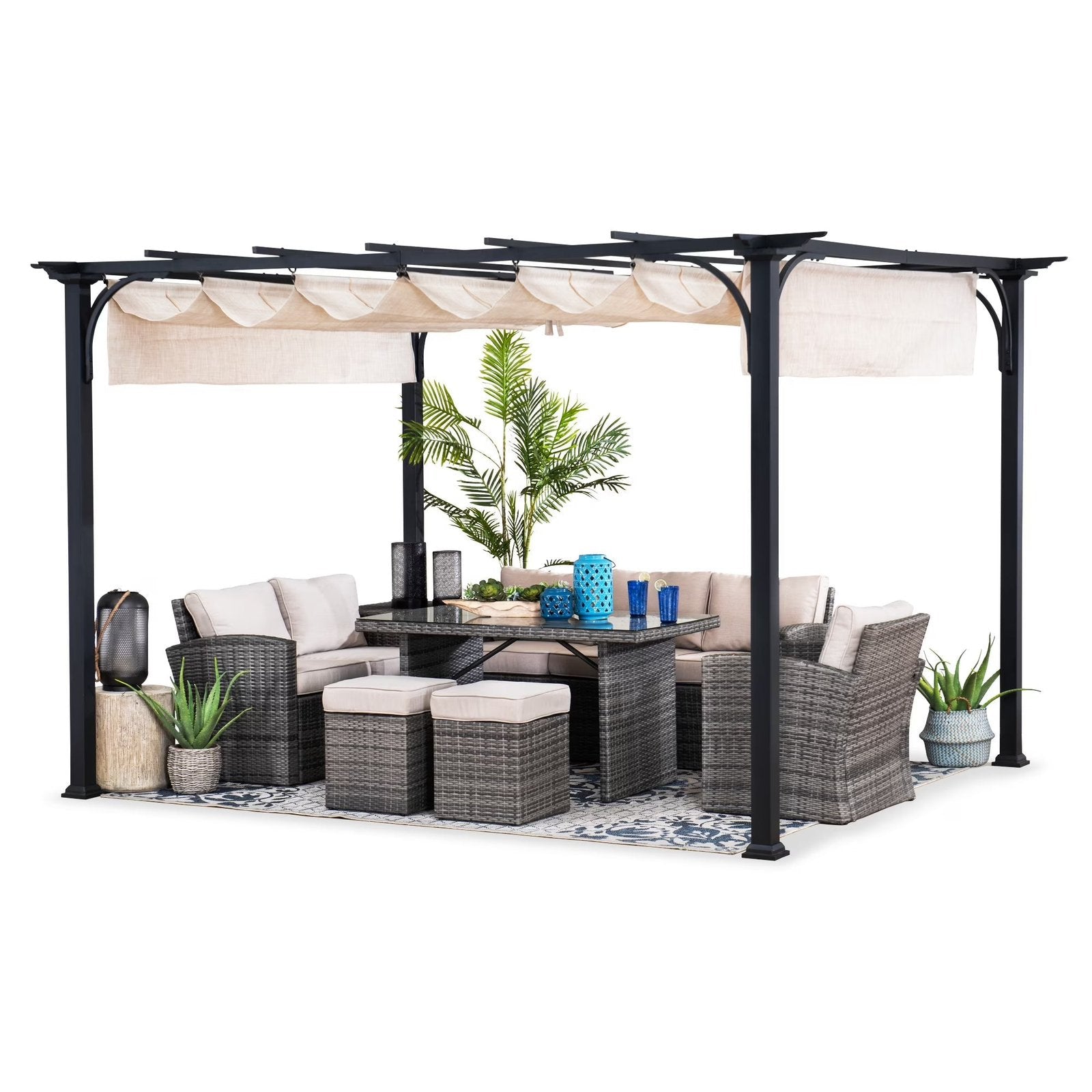 Outdoor Pergola 9 x 12 ft. Patio Black Steel Frame Pergola with Retractable Beige Canopy Shade for Backyard, Garden Activities