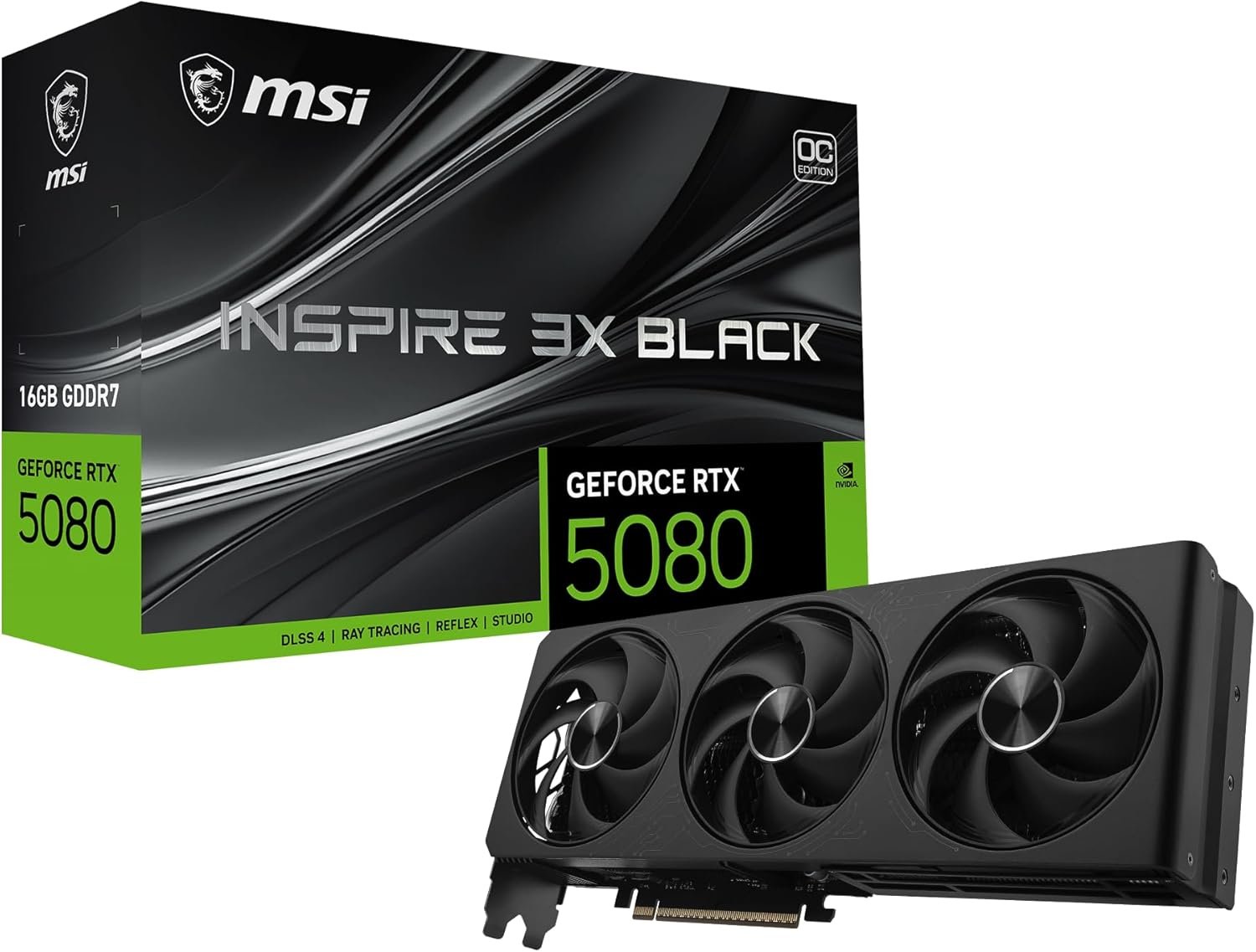 msi Gaming RTX 5080 16G Inspire 3X OC Black Graphics Card (16GB GDDR7, 256-bit, Extreme Clock 2655 MHz, DisplayPort x 3 2.1a, HDMI 2.1b, NVIDIA Blackwell Architecture)
