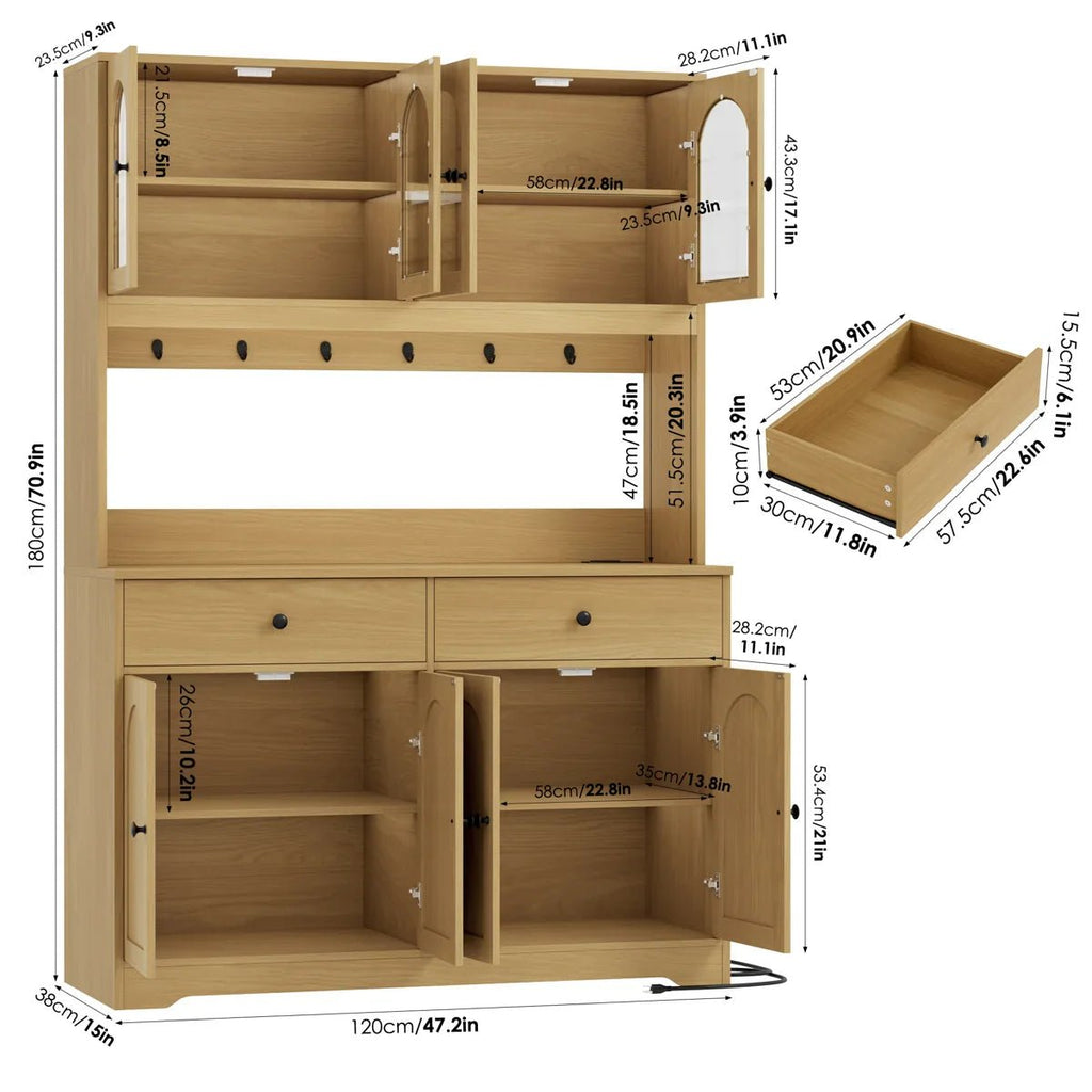 71" LED Kitchen Pantry Cabinet with Power Outlet, Large Kitchen Hutch Storage Cabinet