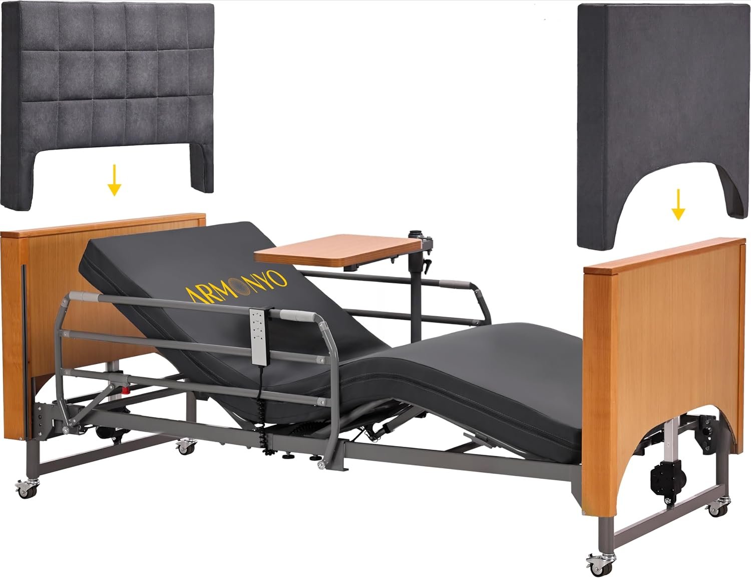 Electric Hospital Bed for Home Use – 5 Functions, Advanced German LIMOSS Motor, Ultra-Low 8.5"–25" Adjustable Height, Double Solid Wood Panels with Medical Overbed Table &amp; Foldable Rails