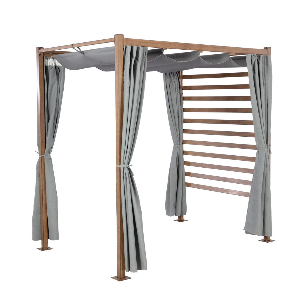 Marlow Pergola with Retractable Curtains and Faux Wood Finish, Grey