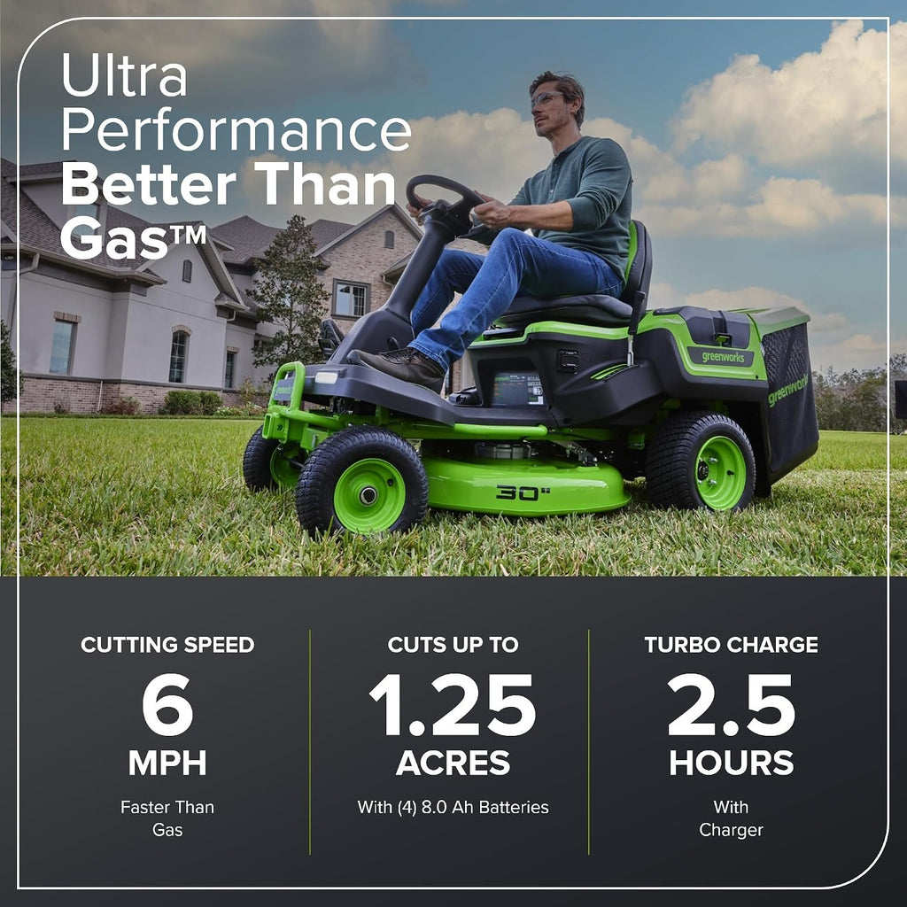 Greenworks 60V 30' Riding Lawn Mower (1.25 Acre, 16 HP Gas Equivalent, 6 MPH, Tow Up to 200 lbs.), (4) 8.0Ah Batteries (1,920 Wh Max) + Turbo Wall Charger