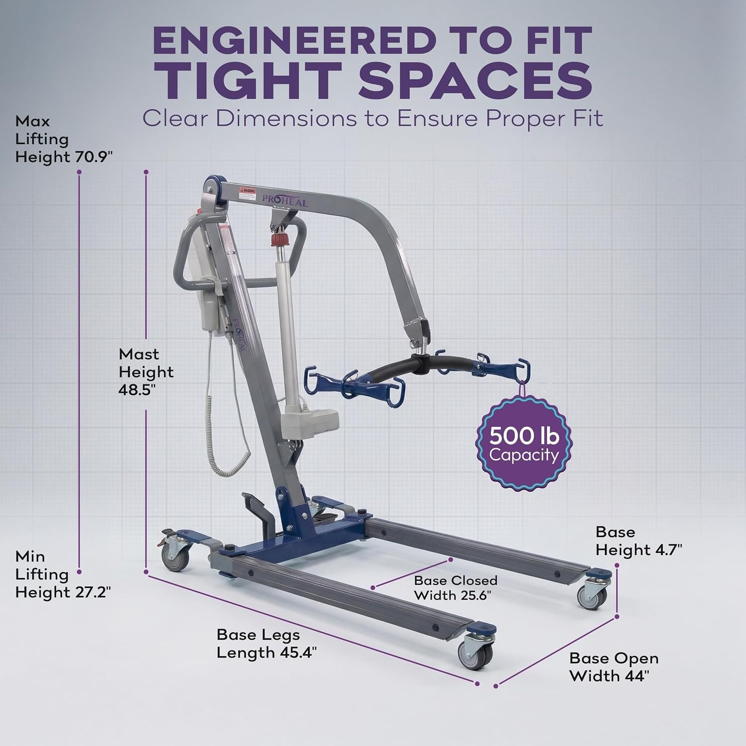 ProHeal Electric Lift - Safe and Easy Full Body Patient Transfer Lifter for Home Use and Facilities - Floor, Low Bed and Chair Lifting, 500 Pound Weight Capacity, 6 Point Spreader Bar