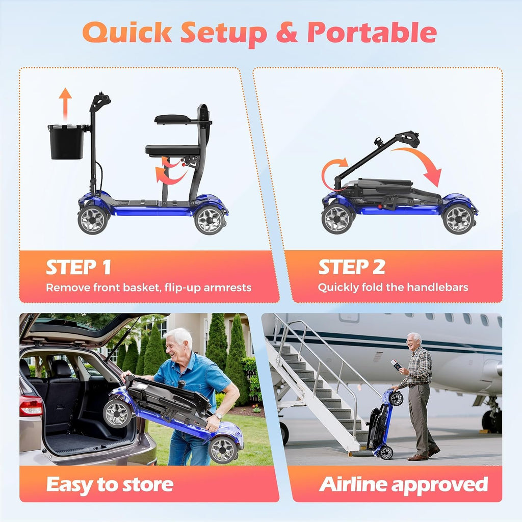 Lightweight Mobility Scooter for Adults &amp; Seniors - Cruise &amp; Airport Approved, 43lb Foldable Portable Motorized Scooters with Removable Lithium Battery for 12.4 Miles Travel, 300lb Capacity, Blue