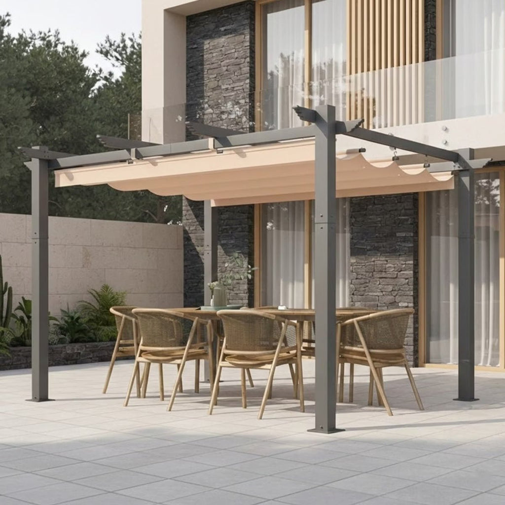 10' X 12' Outdoor Pergola With Retractable Canopy, Heavy-Duty Metal Frame And Adjustable Patio Shade Roof