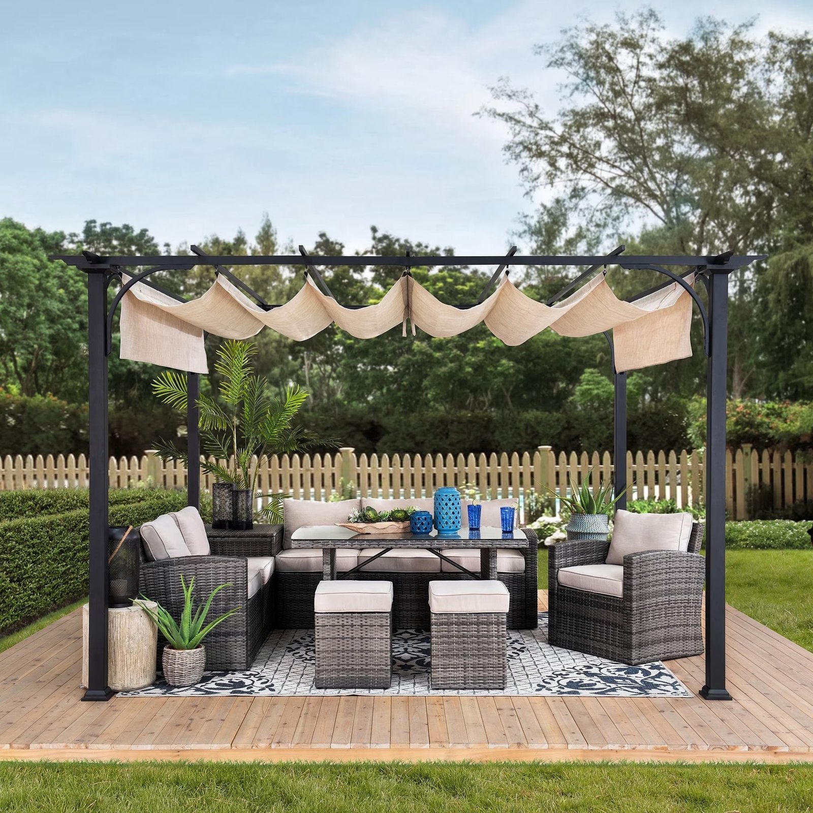 Outdoor Pergola 9 x 12 ft. Patio Black Steel Frame Pergola with Retractable Beige Canopy Shade for Backyard, Garden Activities