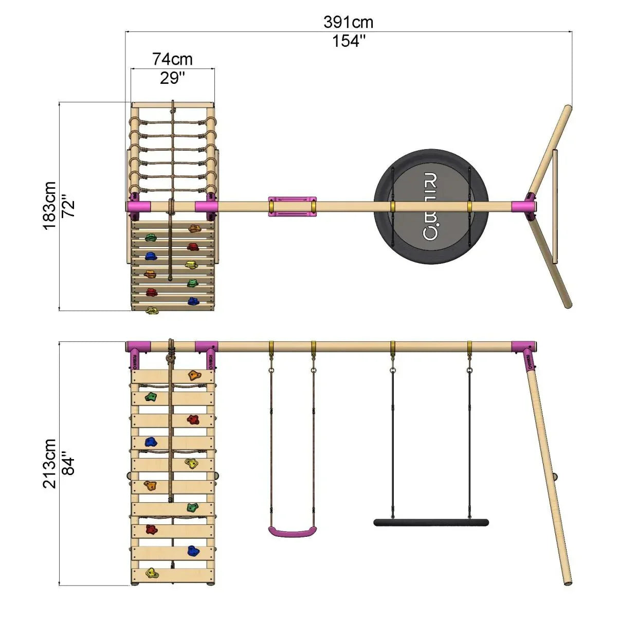 Rebo Double Swing Set with Climbing Wall - Vale Purple