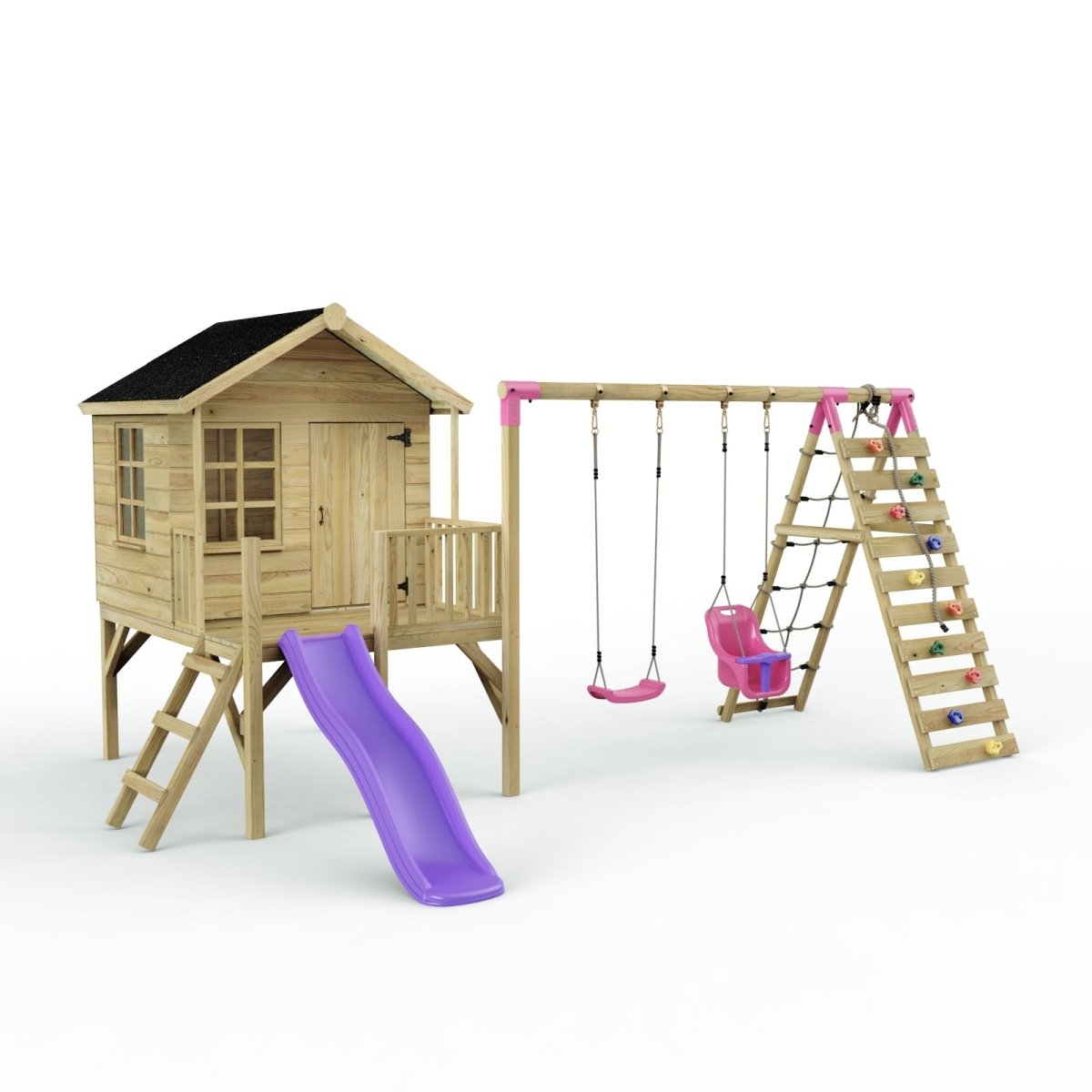 Rebo Playhouse and Double Swing Set with Climbing Wall and Slide - Luna Purple