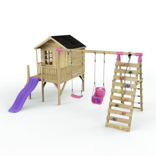Rebo Playhouse and Double Swing Set with Climbing Wall and Slide - Luna Purple
