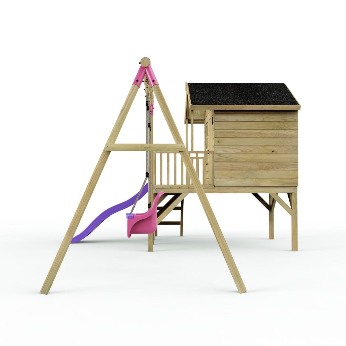 Rebo Playhouse and Double Swing Set with Slide - Luna Purple
