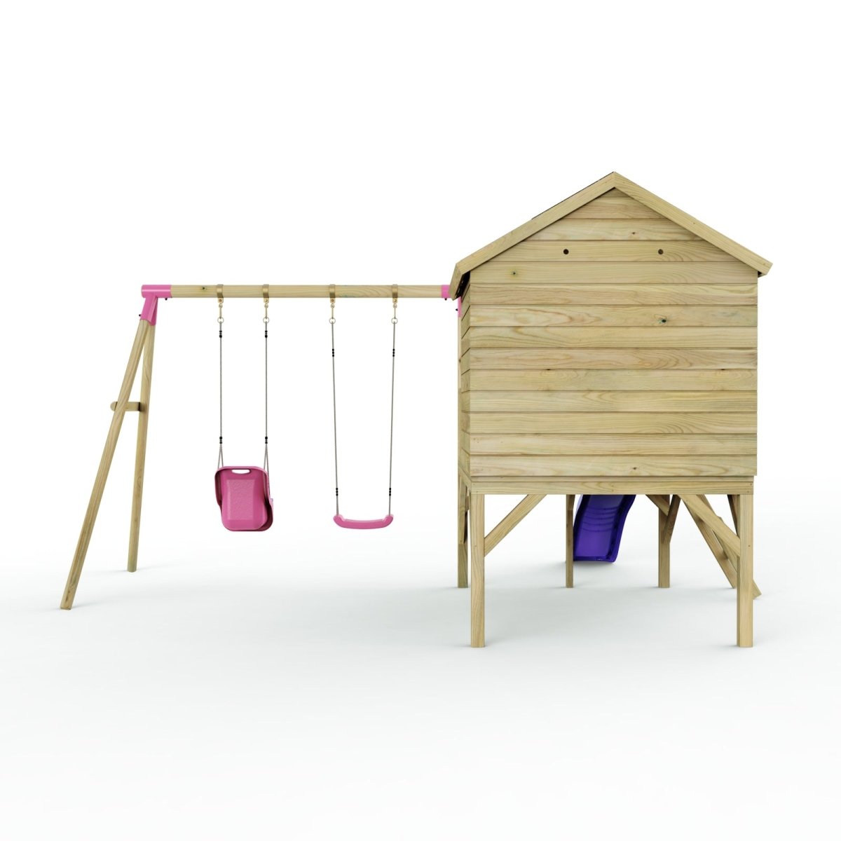Rebo Playhouse and Double Swing Set with Slide - Luna Purple
