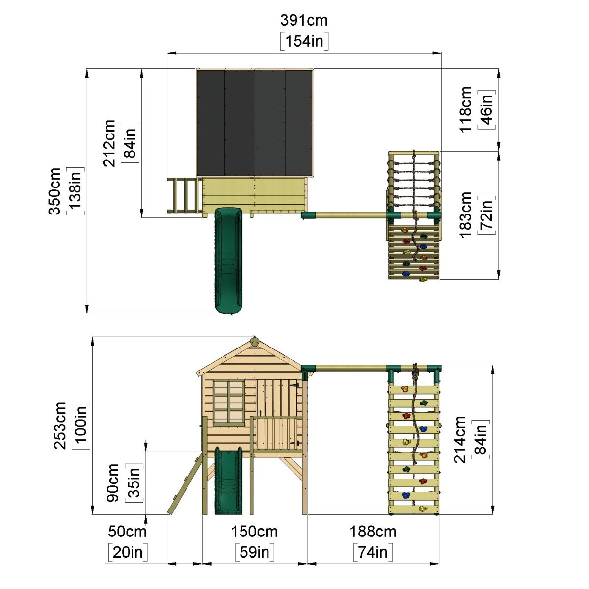 Rebo Playhouse and Single Swing Set with Climbing Wall and Slide - Solar Green