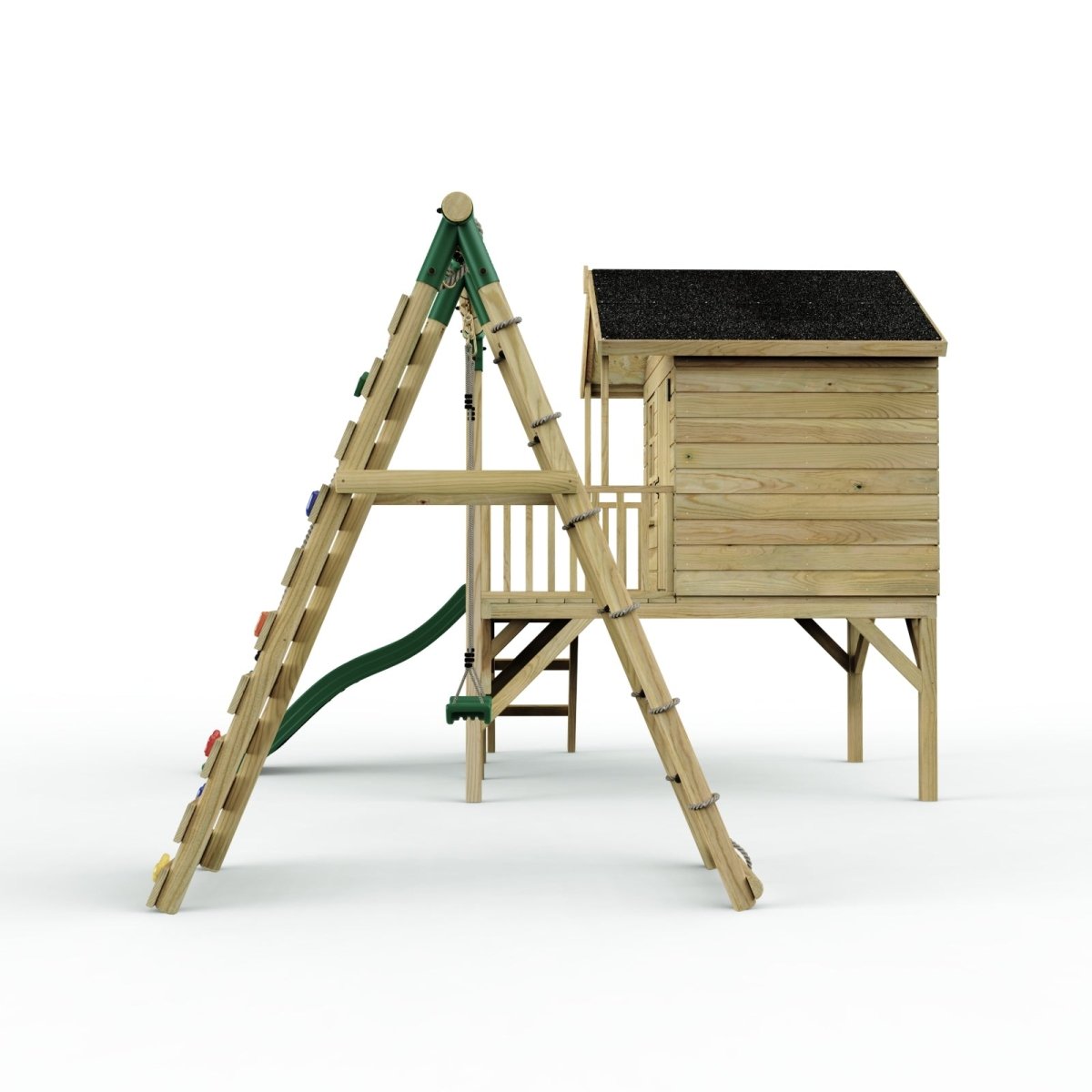 Rebo Playhouse and Single Swing Set with Climbing Wall and Slide - Solar Green