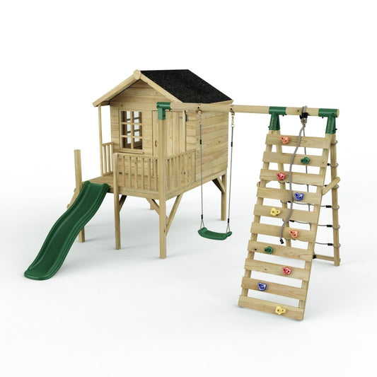 Rebo Playhouse and Single Swing Set with Climbing Wall and Slide - Solar Green