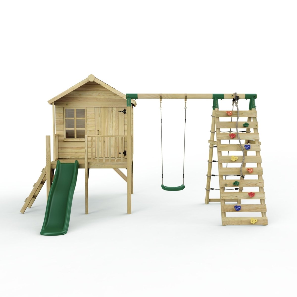 Rebo Playhouse and Single Swing Set with Climbing Wall and Slide - Solar Green