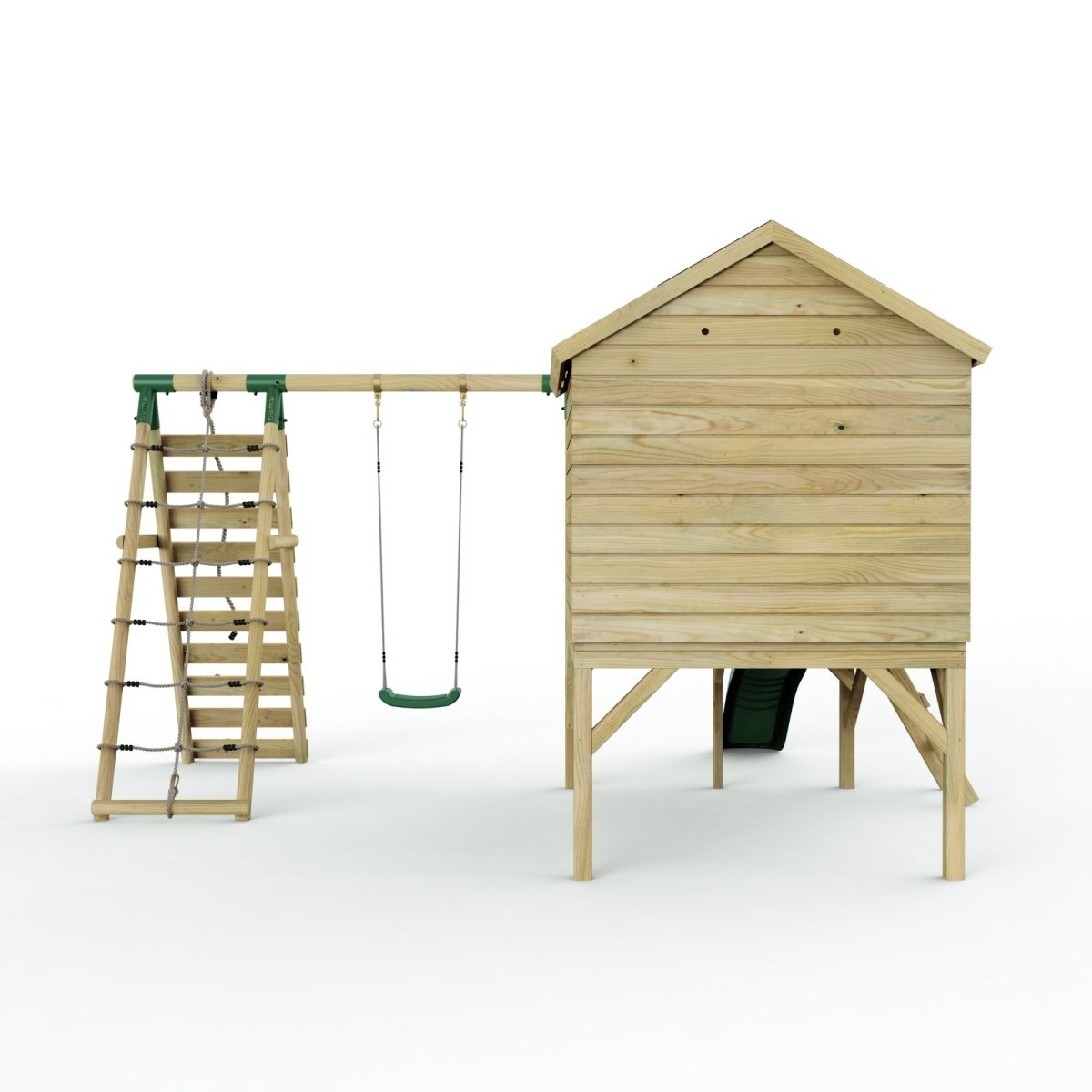 Rebo Playhouse and Single Swing Set with Climbing Wall and Slide - Solar Green
