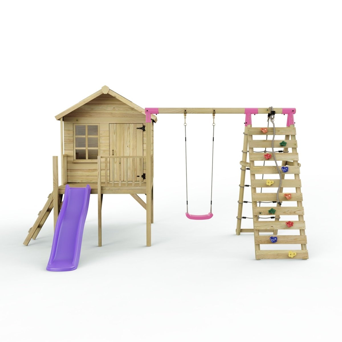 Rebo Playhouse and Single Swing Set with Climbing Wall and Slide - Solar Purple