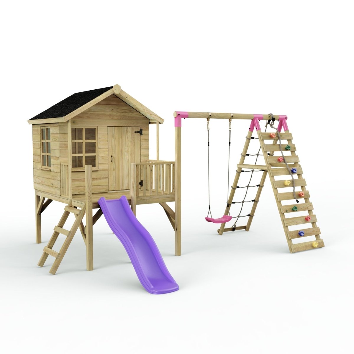 Rebo Playhouse and Single Swing Set with Climbing Wall and Slide - Solar Purple