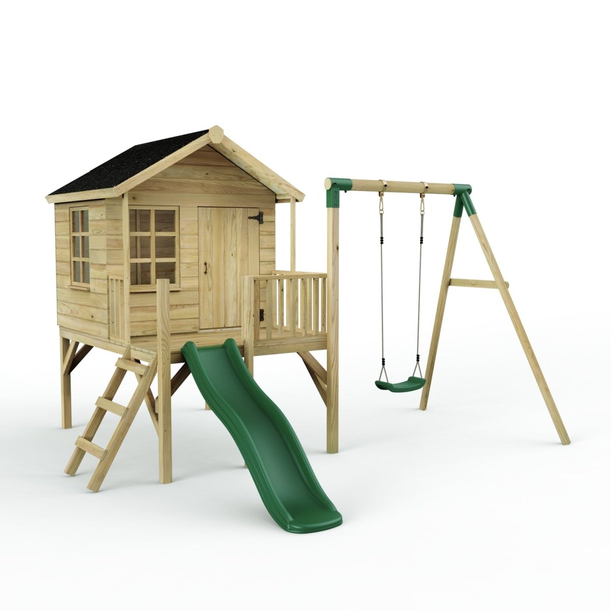 Rebo Playhouse and Single Swing Set with Slide - Solar Green