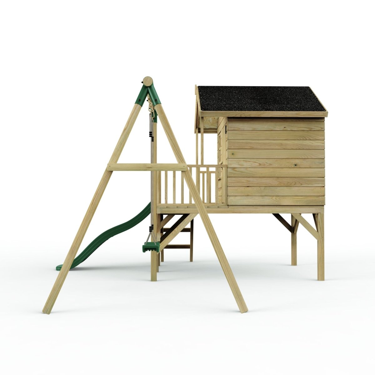 Rebo Playhouse and Single Swing Set with Slide - Solar Green