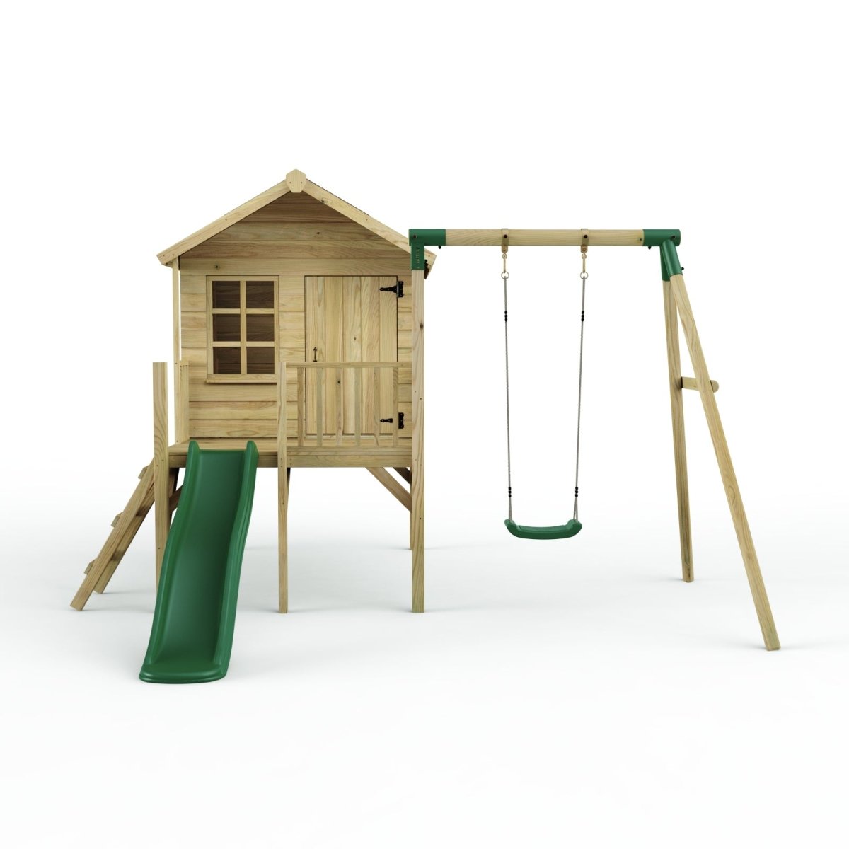 Rebo Playhouse and Single Swing Set with Slide - Solar Green
